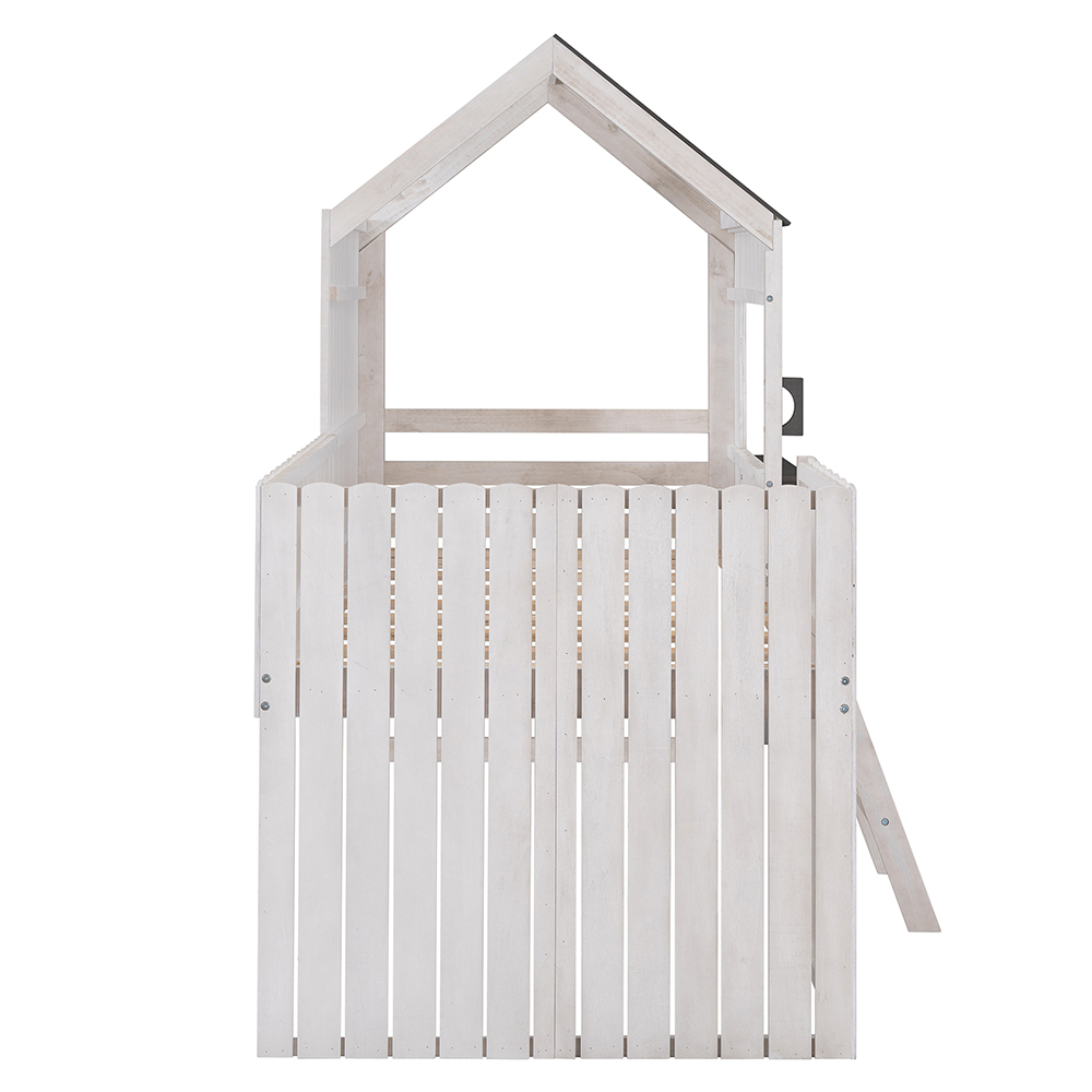 Twin-Size House-Shaped Loft Bed Frame with Ladder, and Wooden Slats Support, Space-saving Design, No Box Spring Needed - White