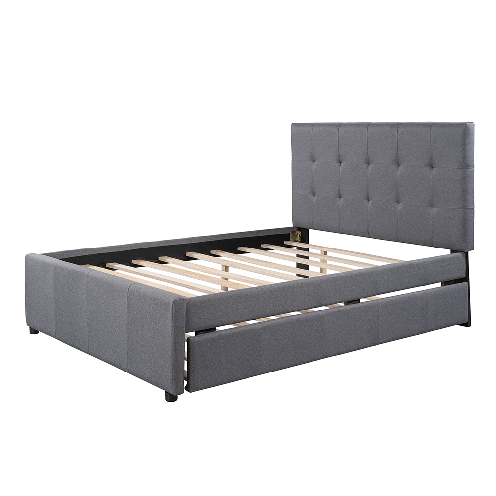 Full-Size Linen Upholstered Platform Bed Frame with Trundle Bed, Headboard, and Wooden Slats Support, No Box Spring Needed (Only Frame) - Gray