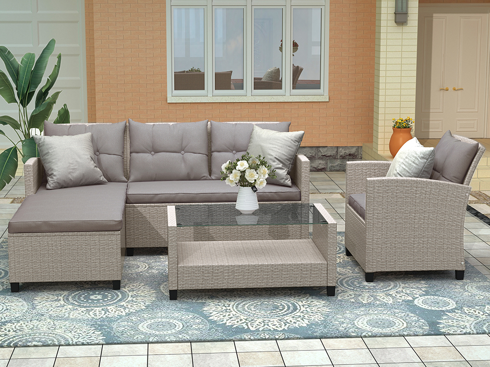 U-STYLE 4 Pieces Outdoor Ratten Furniture Set, Including 2-Seat Sofa, Lounge Sofa, Armchair, and Coffee Table, for Garden, Terrace, Porch, Poolside, Beach - Gray