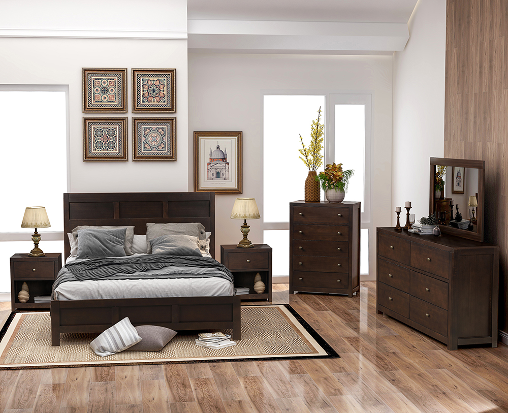 Classic 6 Pieces Wooden Bedroom Furniture Set, Including King-Size Platform Bed, 2 Nightstands, Dresser, Chest, and Mirror - Brown