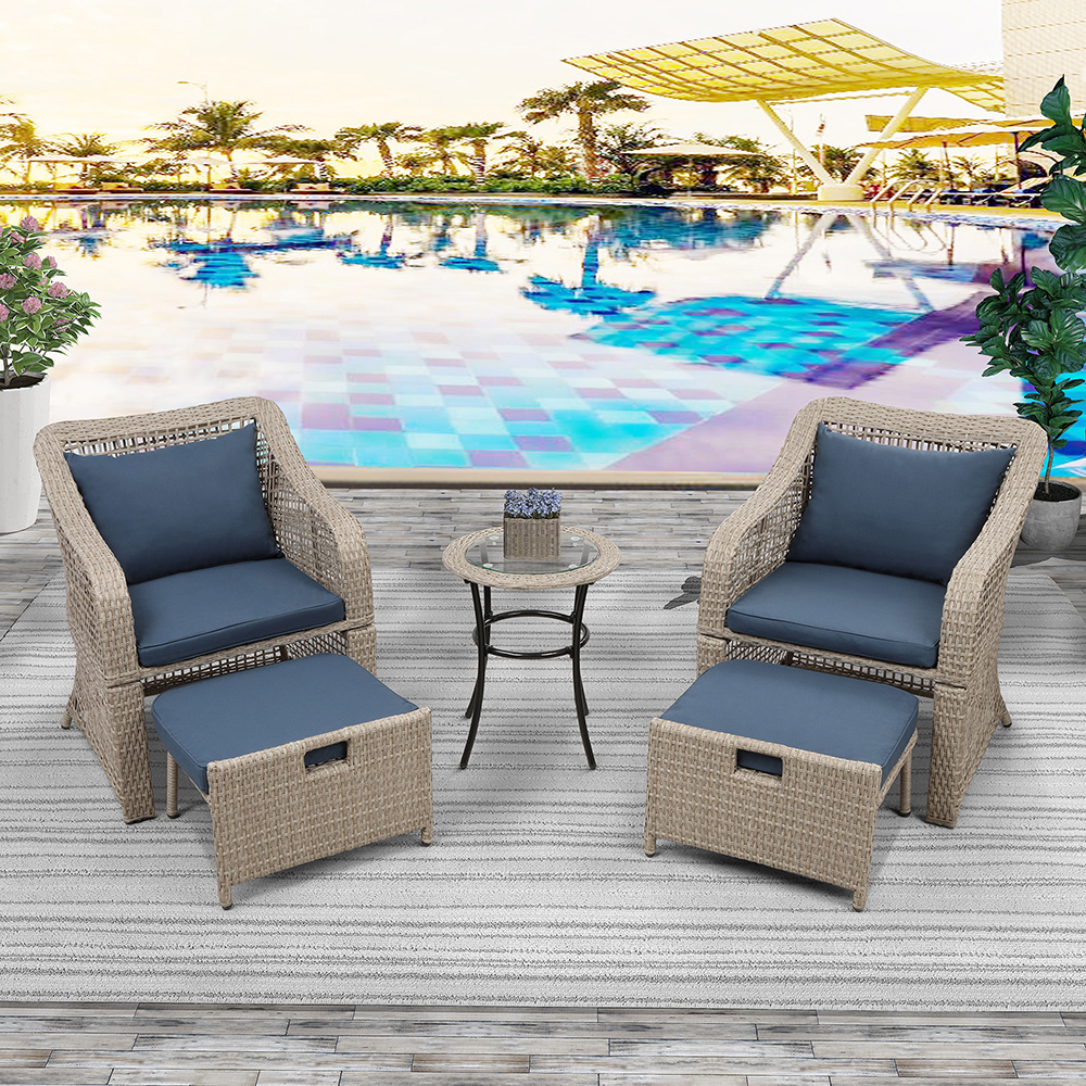 5 Pieces Outdoor Rattan Furniture Set, Including 2 Armchairs, 2 Stools, and Coffee Table, for Garden, Terrace, Porch, Poolside - Blue