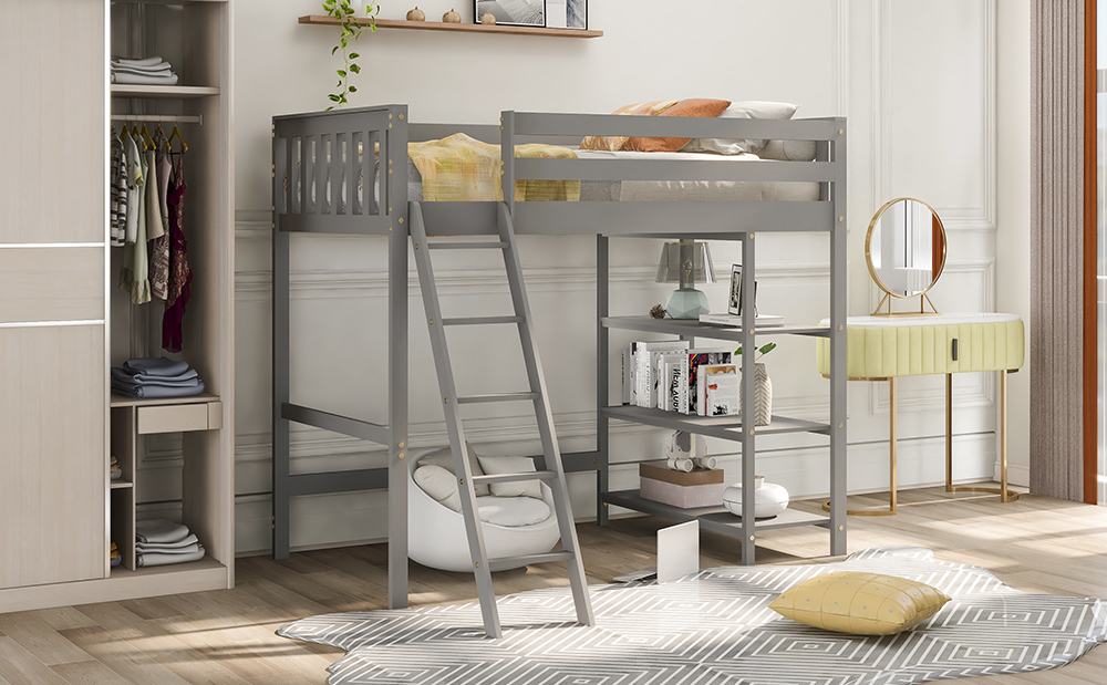 Twin-Size Loft Bed Frame with Storage Shelves, and Wooden Slats Support, Space-saving Design, No Box Spring Needed - Gray