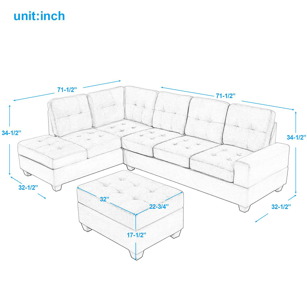 Orisfur 104" Suede Upholstered Sectional Sofa with Chaise, Ottoman, Wooden Frame, and Cup Holders, for Living Room, Bedroom, Office, Apartment - Brown
