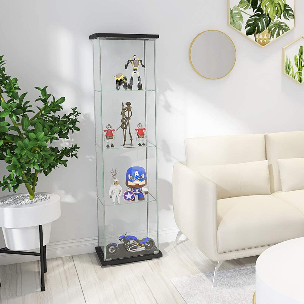 64" Glass Collection Display Cabinet with 4-layer Storage Shelf and Door, for Living Room, Bedroom, Office - Black