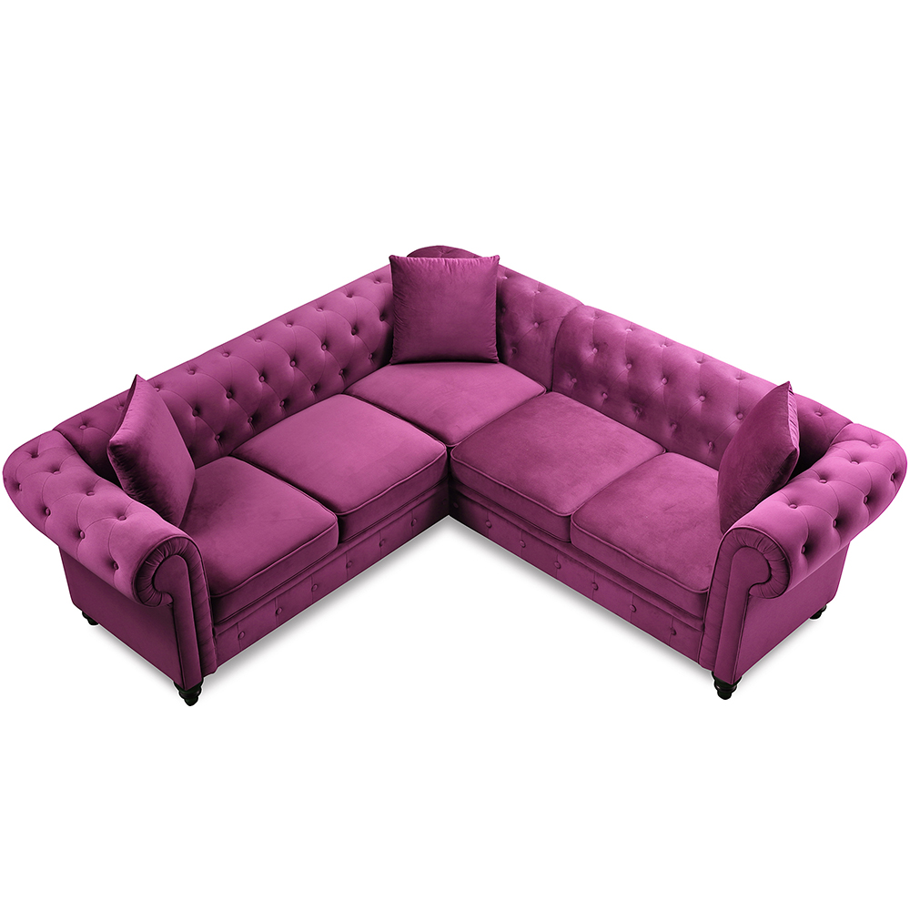 80" 5-Seat Velvet Tufted Upholstered L-shaped Sofa with 3 Pillows, and Wooden Frame, for Living Room, Bedroom, Office, Apartment - Purple