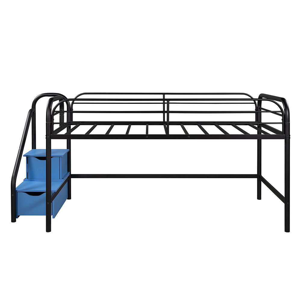 Twin-Size Loft Bed Frame with 2 Storage Stairs, and Metal Slats Support, Space-saving Design, No Box Spring Needed - Blue