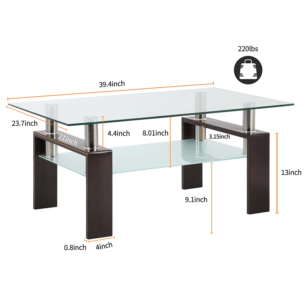 39.4" Rectangle Glass Coffee Table, with Storage Shelf, for Kitchen, Restaurant, Office, Living Room, Cafe - Walnut