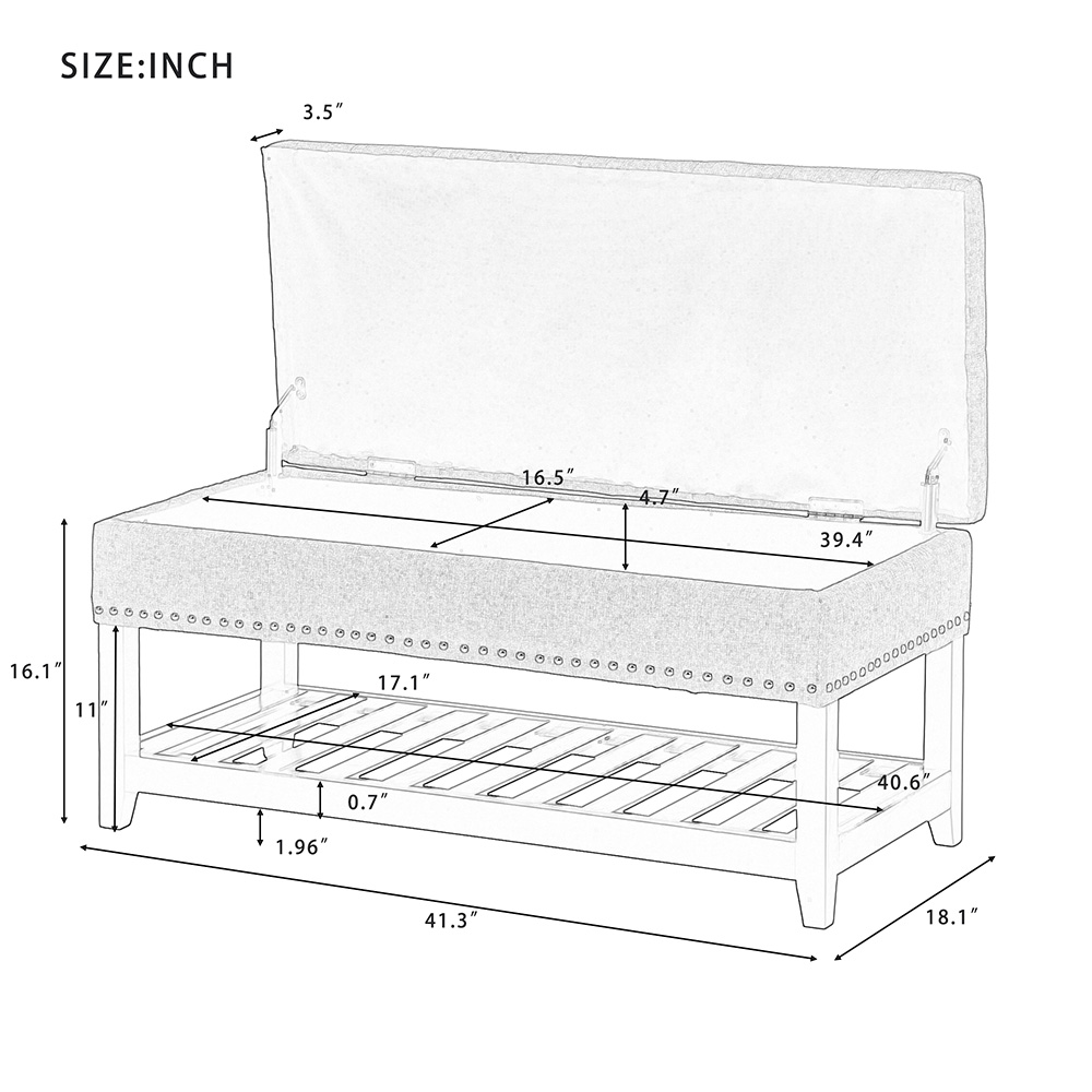 U-STYLE 41.3" Upholstered Storage Bench with Rubber Wood Legs, and Bottom Shelf, for Entrance, Hallway, Bedroom - Gray