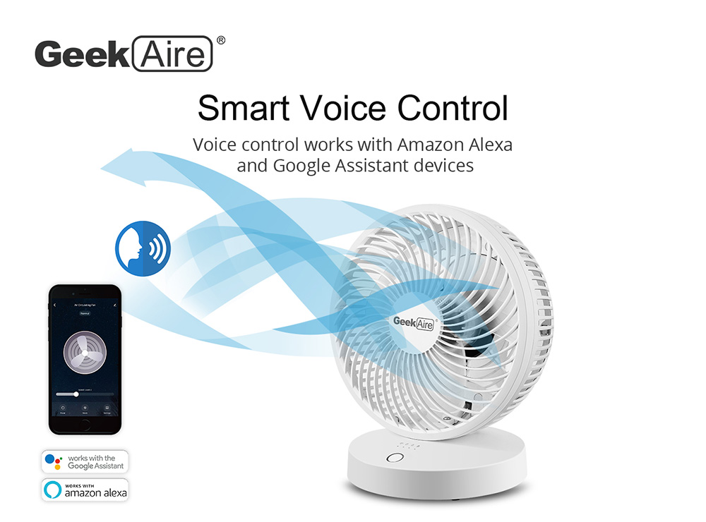 Geek Aire Portable Rechargeable Table Fan, 4 Speed Settings, 5000mAh Battery, WiFi Function, Compatible with Alexa & Google Home Supported - White