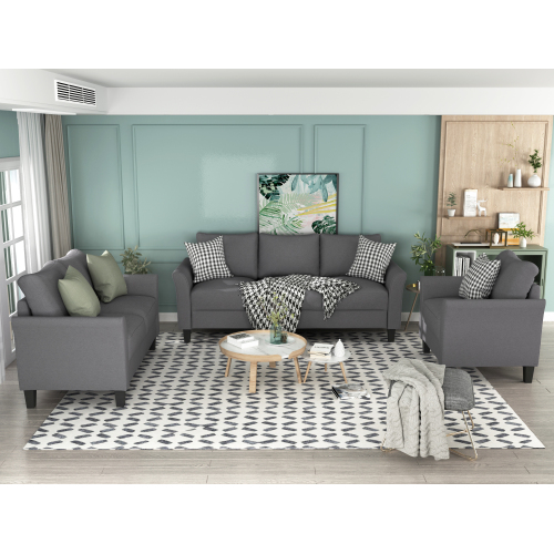 U-STYLE 3 Pieces Polyester Blend Upholstered Sofa Set, Including 1 Loveseat, 1 3-Seat Sofa, and 1 Armchair, for Living Room, Bedroom, Office, Apartment - Gray