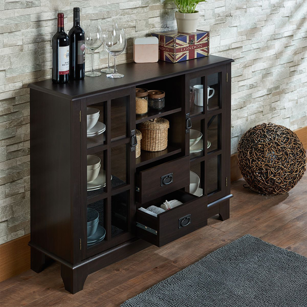 ACME Dubbs 42" Console Table with 2 Storage Drawers, 2 Open Compartments, and 2 Glass Doors, for Entrance, Hallway, Dining Room, Kitchen - Espresso