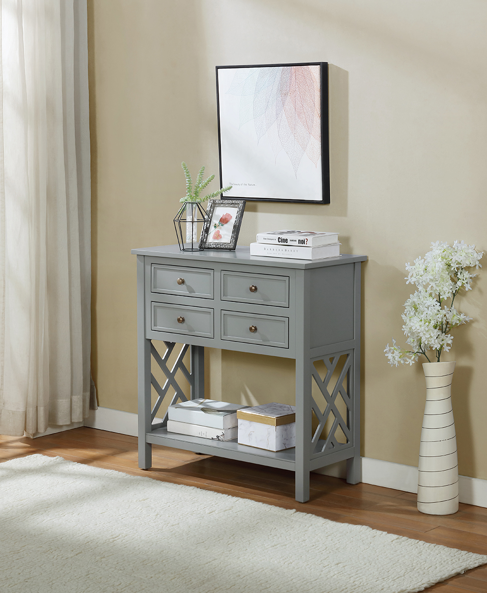 Coventry 32" Wooden Console Table with 4 Storage Drawers, and Bottom Shelf, for Entrance, Hallway, Dining Room, Kitchen - Gray