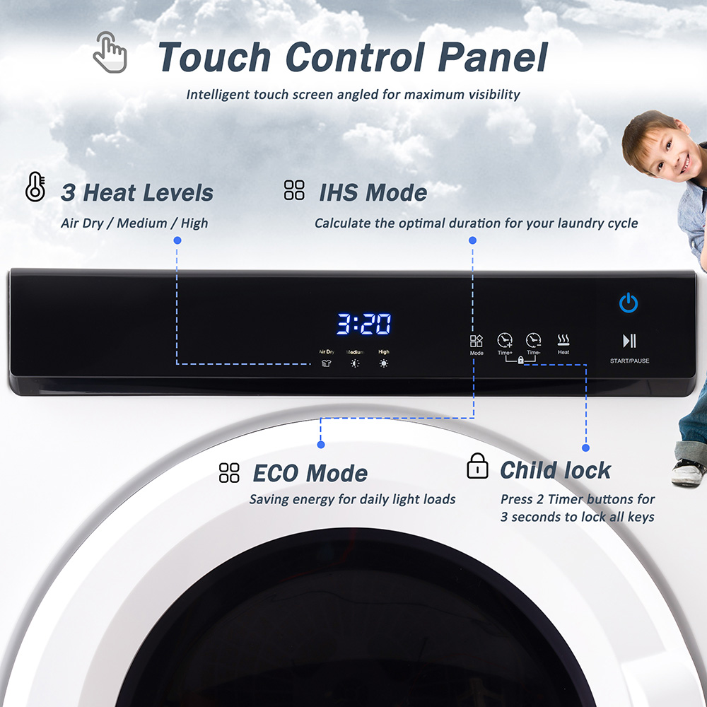 Portable Electric Clothes Dryer, with Touch Screen Panel and Stainless Steel Tub, for Apartments, Dormitory, and RVs - White