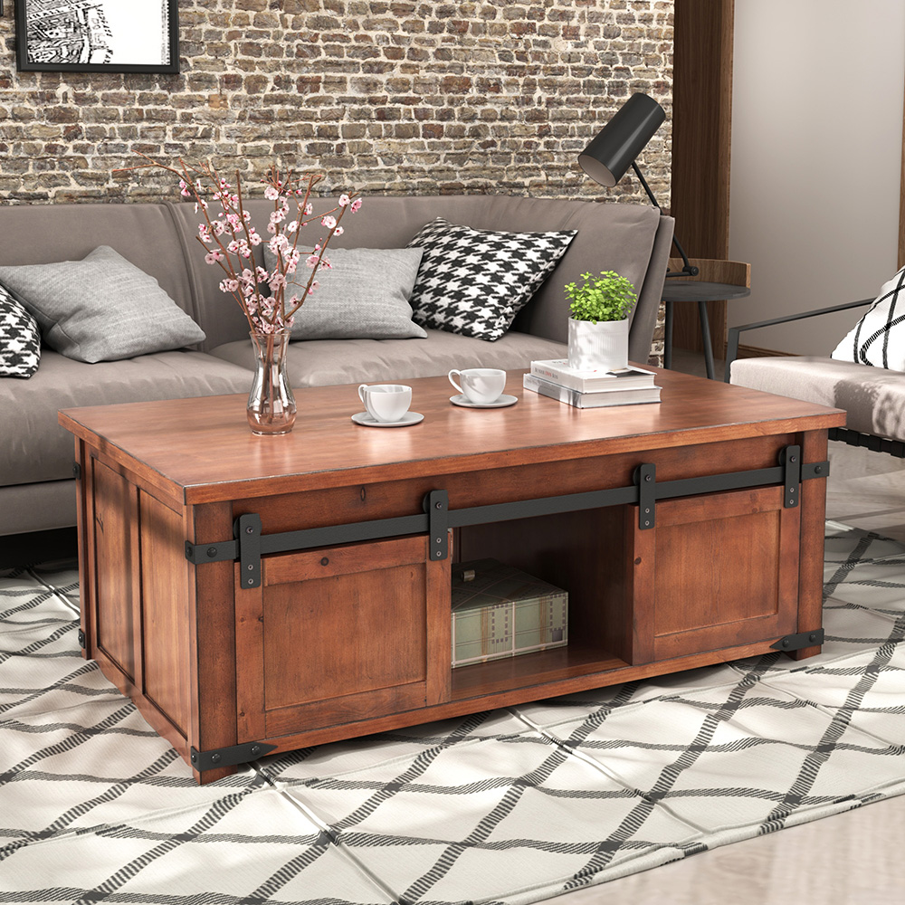 U-STYLE 48" Rectangle Wooden Coffee Table, with Sliding Doors, Storage Shelf and Cabinets, for Kitchen, Restaurant, Office, Living Room, Cafe - Brown