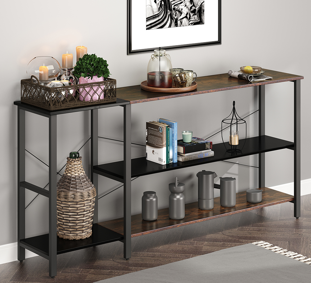 52" Console Table with Wooden Tabletop and Metal Frame, for Entrance, Hallway, Dining Room, Kitchen - Black + Brown