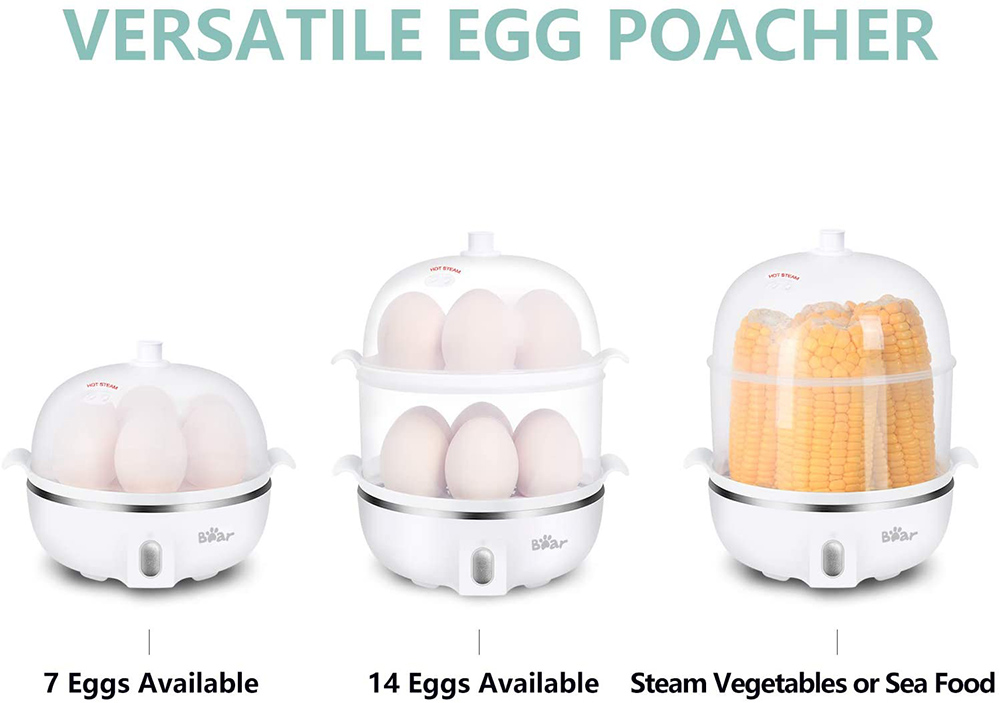 Bear 14 Egg Capacity Hard Boiled Egg Cooker, Dual-layer Steaming Rack Design, One-button Operation, for Dormitory, Office, Apartment - White