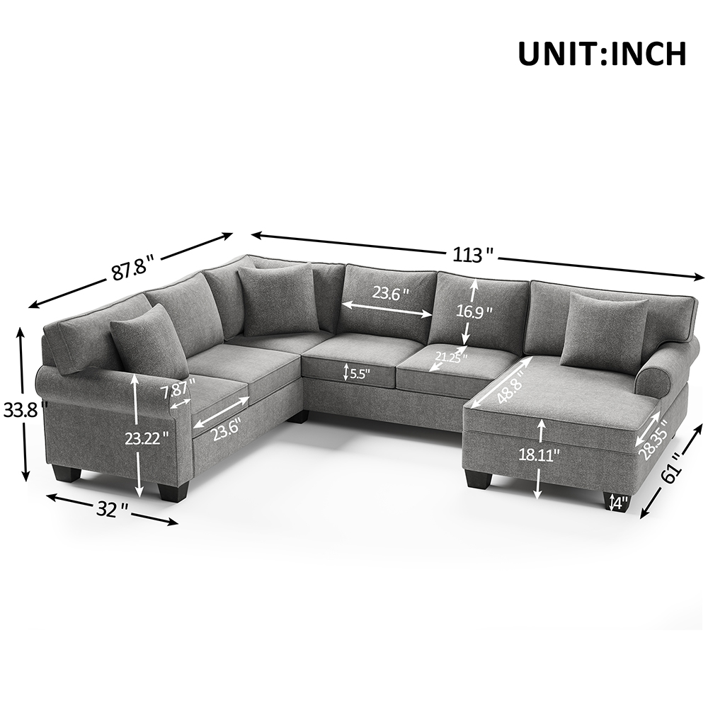 113" 7-Seat Polyester Upholstered Sofa Set, with Loveseat, 3-Seat Sofa, Chaise, and 3 Pillows, for Living Room, Bedroom, Office, Apartment - Gray