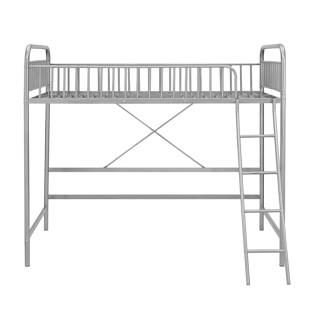 Twin-Size Loft Bed Frame with Full-length Guardrail, Ladder, and Steel Slats Support, Space-saving Design, No Box Spring Needed - Silver