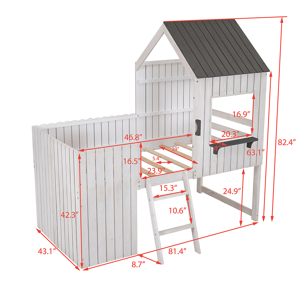 Twin-Size House-Shaped Loft Bed Frame with Ladder, and Wooden Slats Support, Space-saving Design, No Box Spring Needed - White