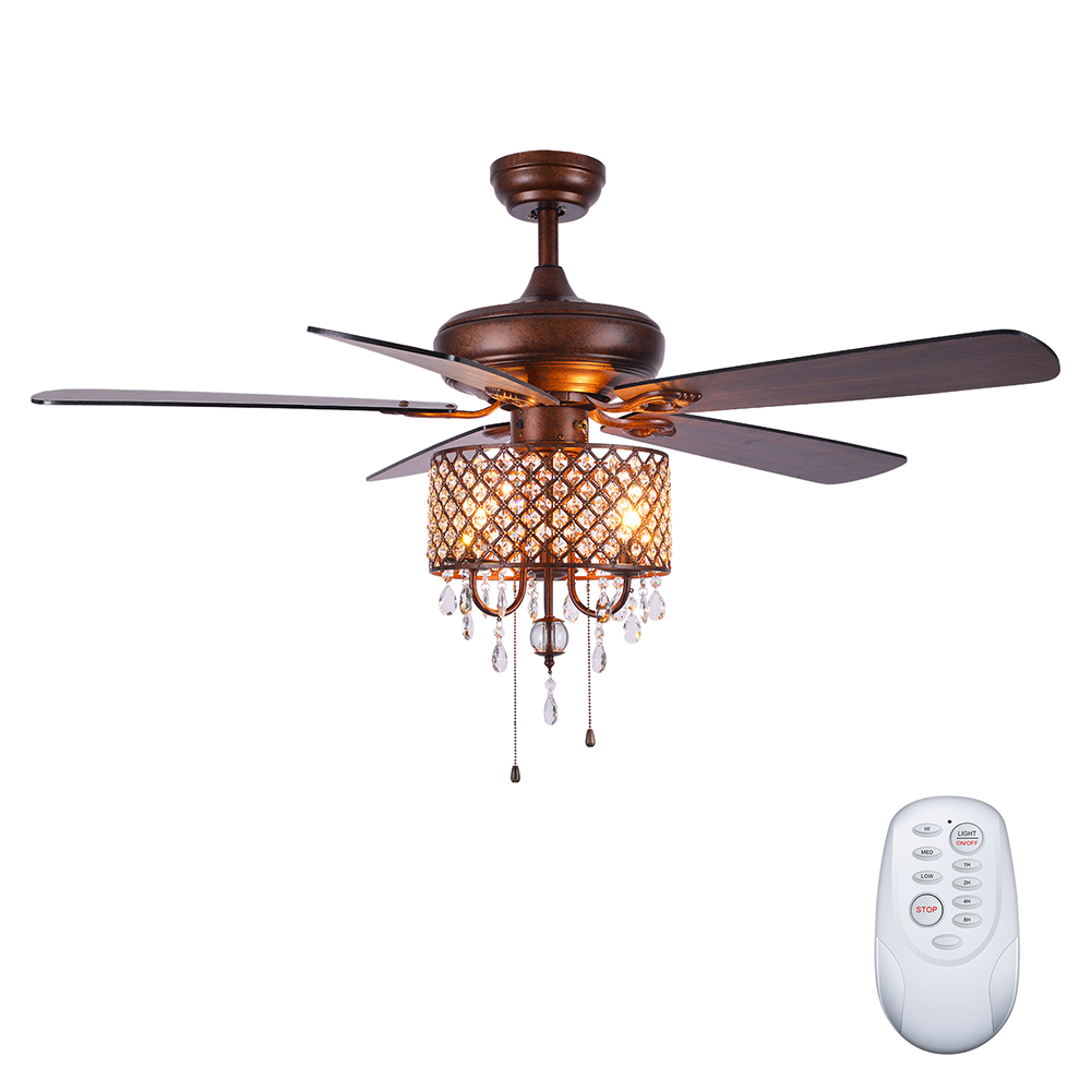 52" Metal Crystal Ceiling Fan Lamp with 5 Reversible Wood Blades, and Remote Control, for Living Room, Bedroom, Corridor, Dining Room - Rustic Brown