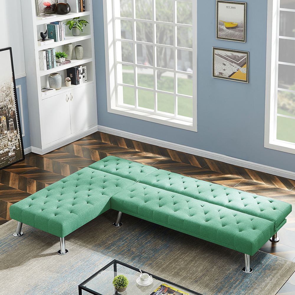 94.09" Fabric Upholstered Sectional Sofa Bed with Wooden Frame, and Metal Legs, for Living Room, Bedroom, Office, Apartment - Green