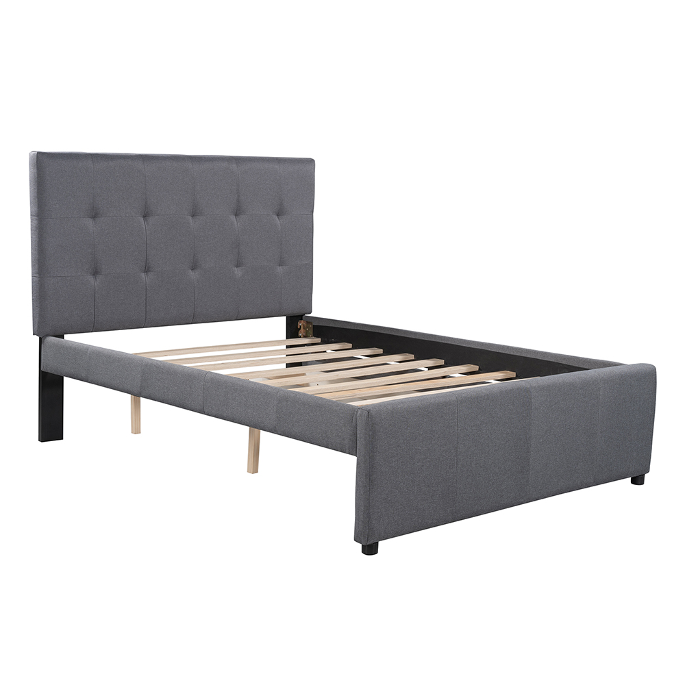 Full-Size Linen Upholstered Platform Bed Frame with 2 Storage Drawers, Headboard and Wooden Slats Support, No Box Spring Needed (Only Frame) - Gray