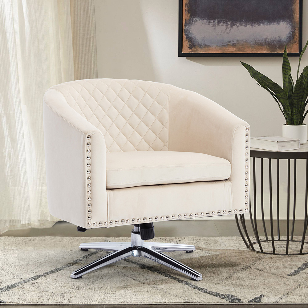 COOLMORE Velvet Swivel Chair with Curved Backrest and Metal Base for Living Room, Bedroom, Dining Room, Office - Beige