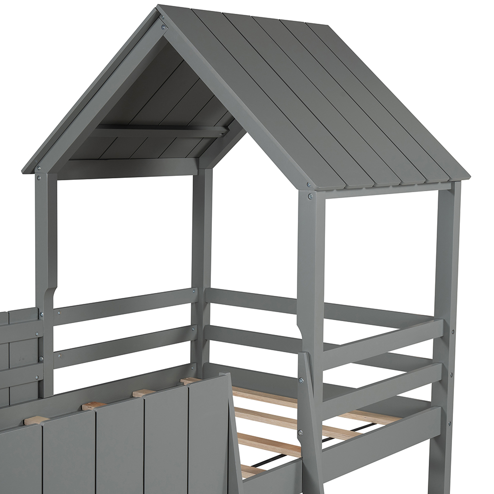 Twin-Size House-Shaped Loft Bed Frame with Guardrail, Ladder, and Wooden Slats Support, Space-saving Design, No Box Spring Needed - Gray