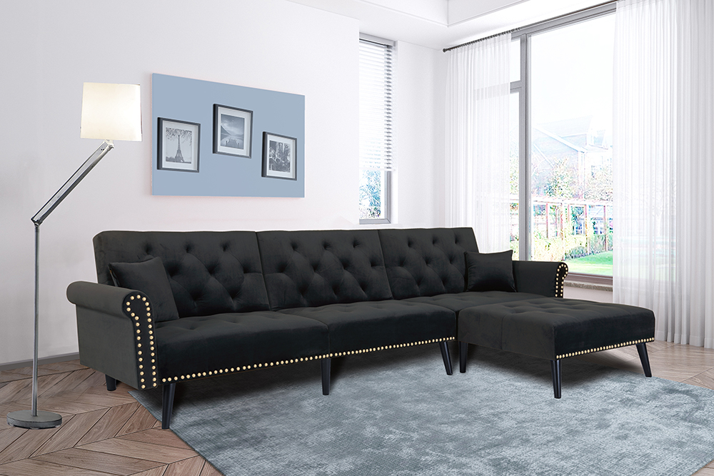 115" 4-Seat Velvet Upholstered Sectional Sofa Bed with Wooden Legs, for Living Room, Bedroom, Office, Apartment - Black