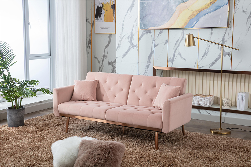 COOLMORE  2-Seat Velvet Upholstered Sofa Bed with Metal Feet, and Adjustable Backrest, for Living Room, Bedroom, Office, Apartment - Pink