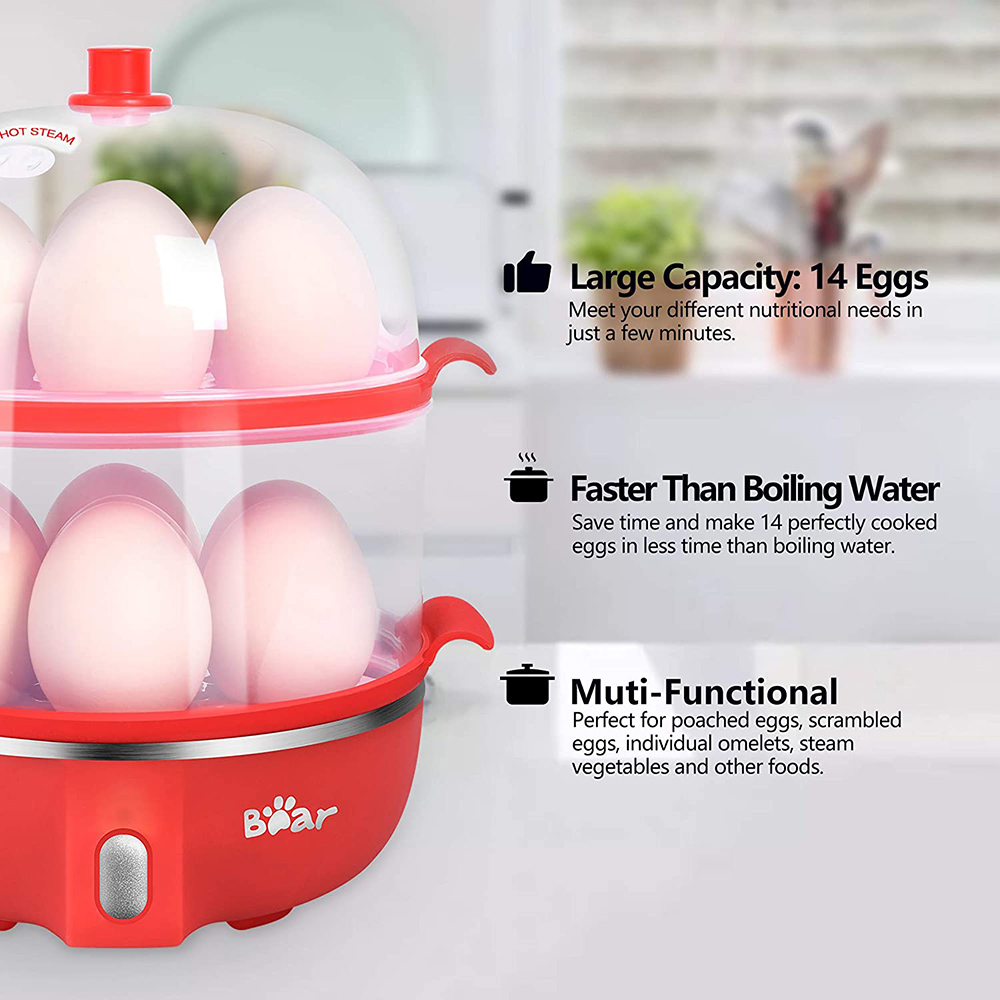 Bear 14 Egg Capacity Hard Boiled Egg Cooker, Dual-layer Steaming Rack Design, One-button Operation, for Dormitory, Office, Apartment - Red