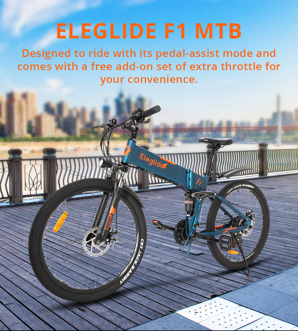 ELEGLIDE F1 Folding Electric Bike 26 inch Mountain Bicycle 250W Hall Brushless Motor SHIMANO Shifter 21 Speeds 36V 10.4Ah Removable Battery 25km/h Max speed up to 85km Max Range Full-Suspension IPX4 Aluminum alloy Frame Disk Brake Dark Blue