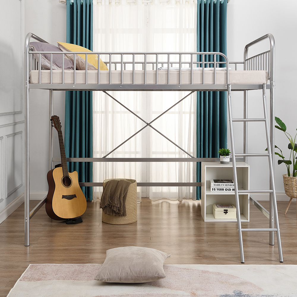 Twin-Size Loft Bed Frame with Full-length Guardrail, Ladder, and Steel Slats Support, Space-saving Design, No Box Spring Needed - Silver