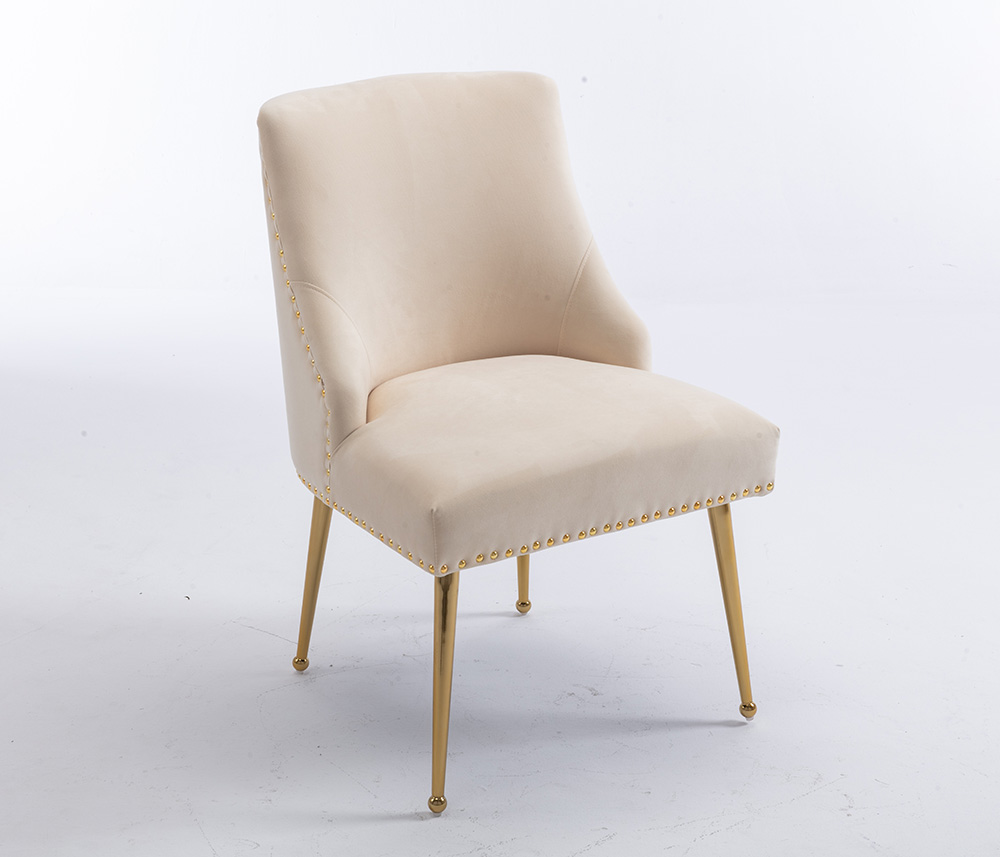 Velvet Upholstered Chair with Curved Backrest and Metal Legs, for Living Room, Bedroom, Dining Room, Office - Beige
