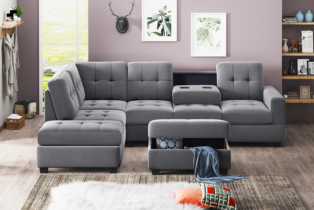 Orisfur 104" Suede Upholstered Sectional Sofa with Chaise, Ottoman, Wooden Frame, and Cup Holders, for Living Room, Bedroom, Office, Apartment - Gray
