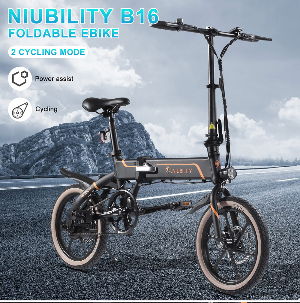 NIUBILITY B16 Electric Moped Folding Bike 16 inch 42V 10.4Ah Battery 40km -50km Mileage 350W Motor Max 25km/h  Double Disc Brake Variable Speed System LED Light - Black