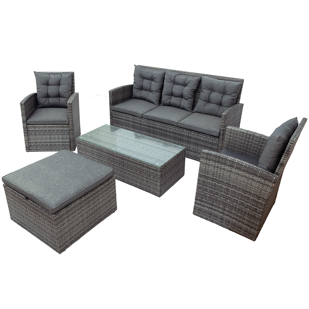 TOPMAX 5 Pieces Outdoor Rattan Furniture Set, Including 2 Armchairs, 3-seat Sofa, Coffee Table, Ottoman, and 6 Cushions, for Garden, Terrace, Porch, Poolside - Gray