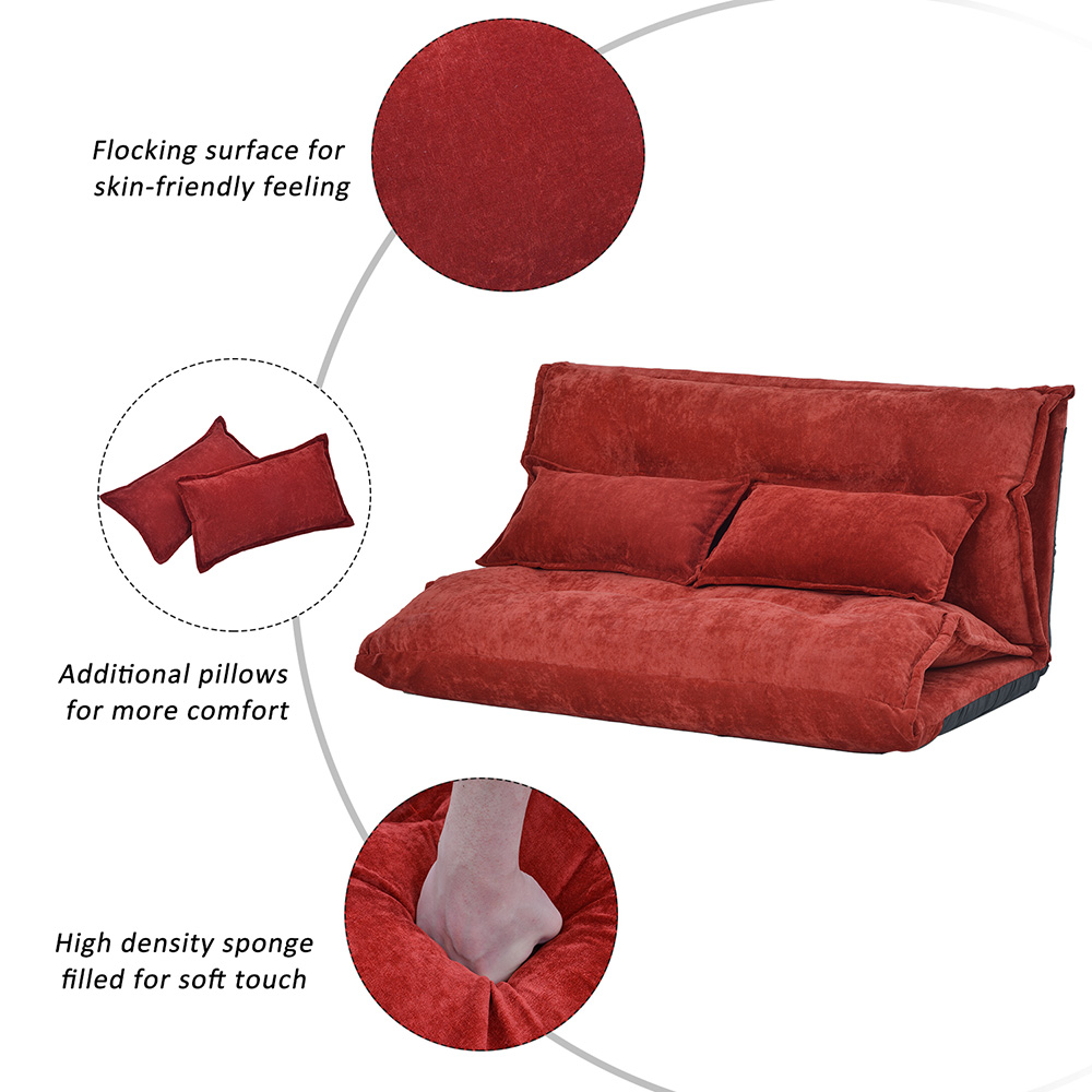 Orisfur 43.3" Polyester Fabric Folding Lazy Sofa Bed with 2 Pillows, and Metal Frame, for Living Room, Bedroom, Office, Apartment - Red