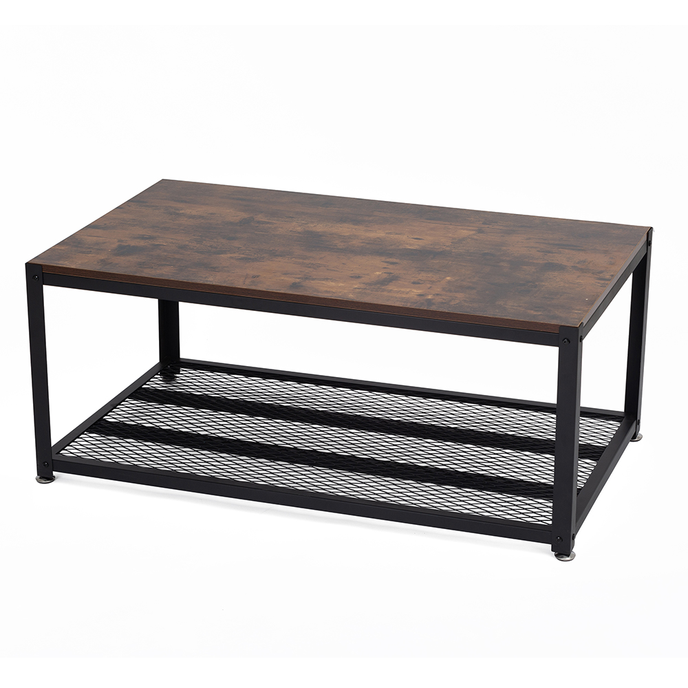 41.7" Metal Coffee Table, with Wooden Tabletop, and Storage Shelf, for Kitchen, Restaurant, Office, Living Room, Cafe - Brown