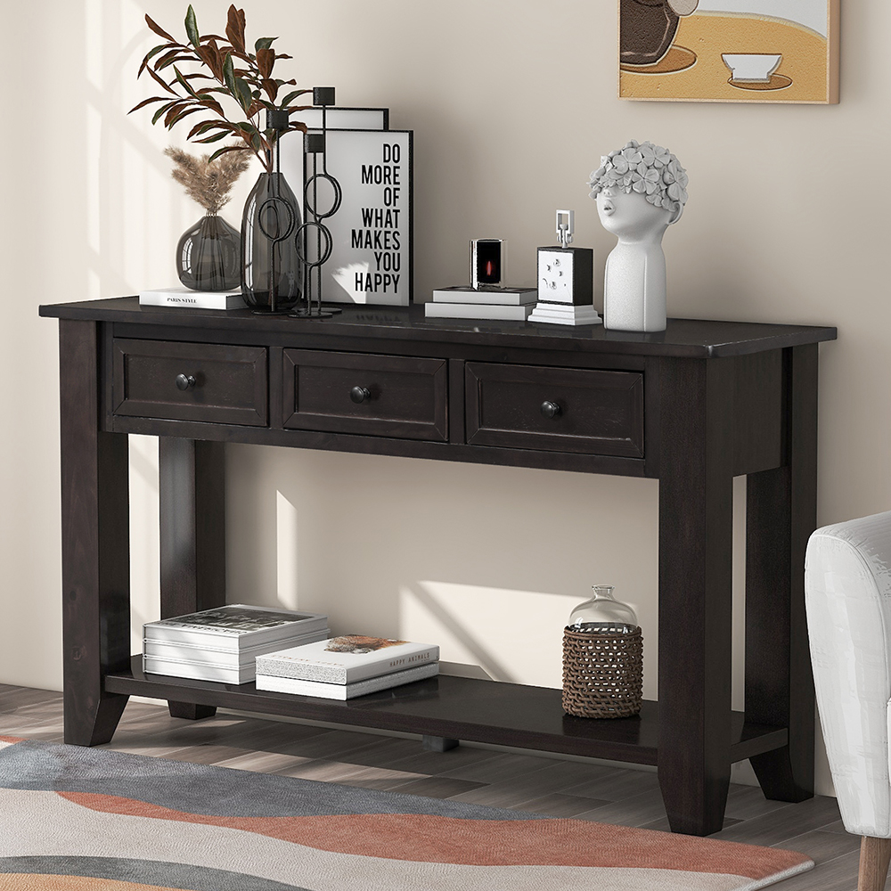 U-STYLE 55" Modern Style Wooden Console Table with 3 Storage Drawers, and Bottom Shelf, for Entrance, Hallway, Dining Room, Kitchen - Espresso