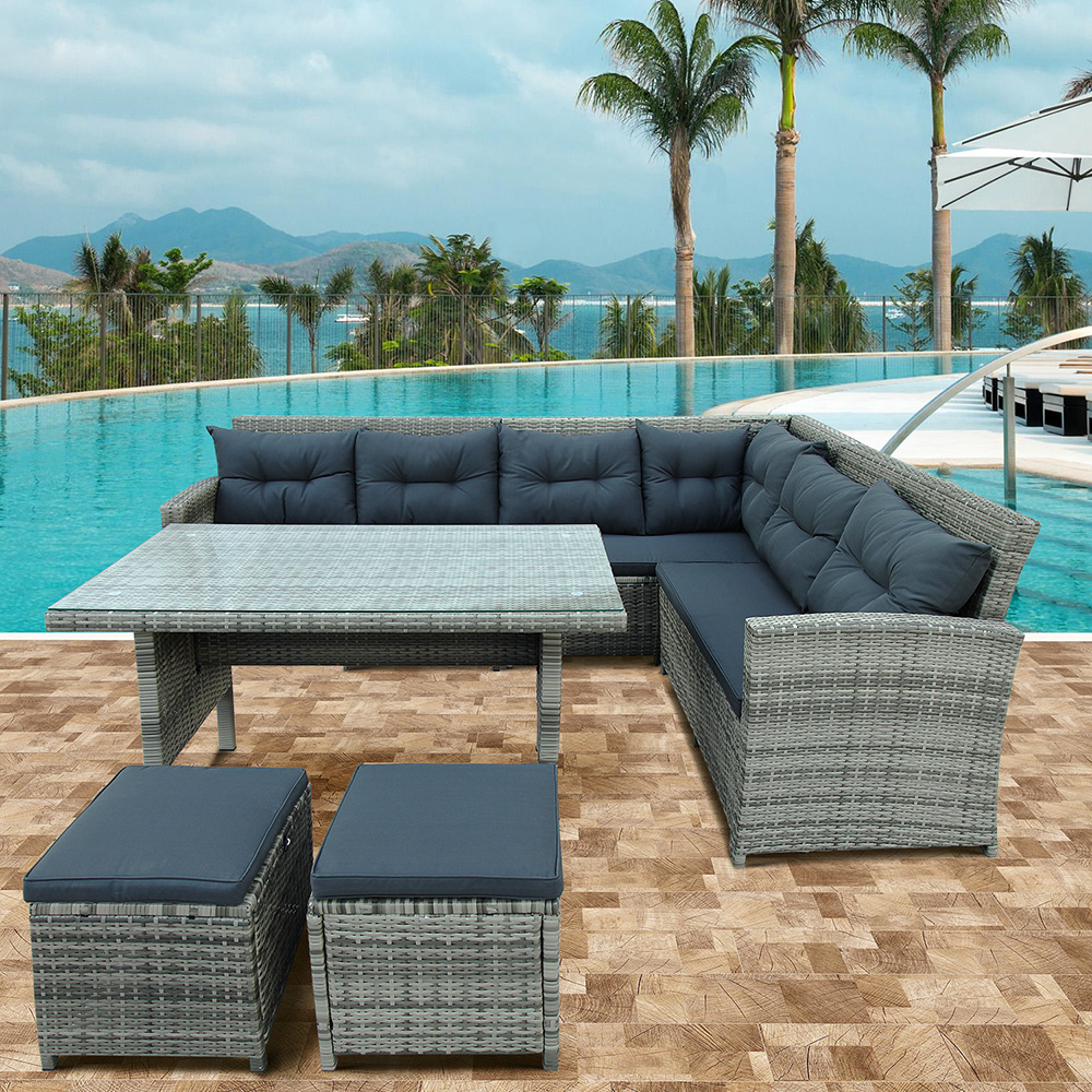 TOPMAX 6 Pieces Outdoor Rattan Furniture Set, Including Corner Sofa, 2 Loveseats, 2 Ottomans, Coffee Table, and 12 Cushions, for Garden, Terrace, Porch, Poolside - Gray