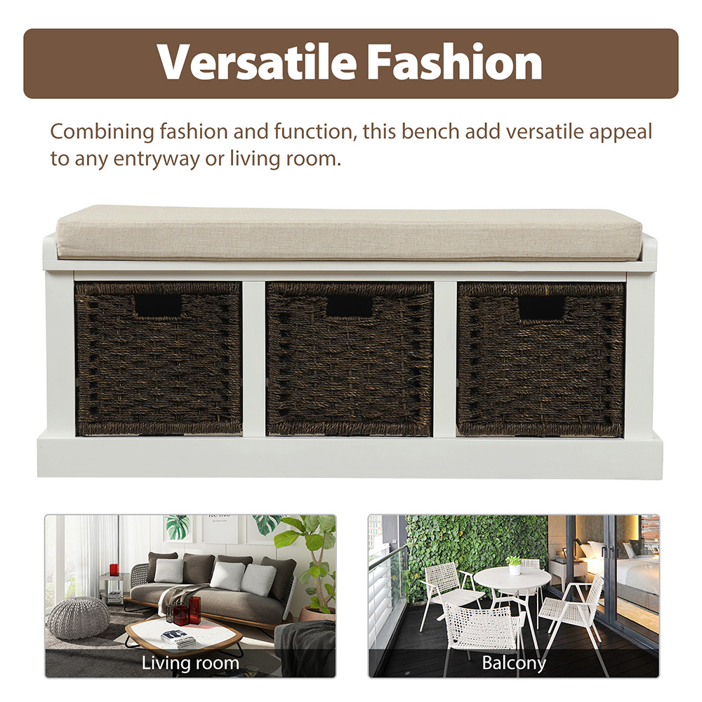 TREXM 43.7" Rustic Style Wooden Storage Bench With 3 Removable Rattan Basket, For Entrance, Hallway, Bedroom - White 7 TREXM 43.7" Rustic Style Wooden Storage Bench with 3 Removable Rattan Basket, for Entrance, Hallway, Bedroom - White