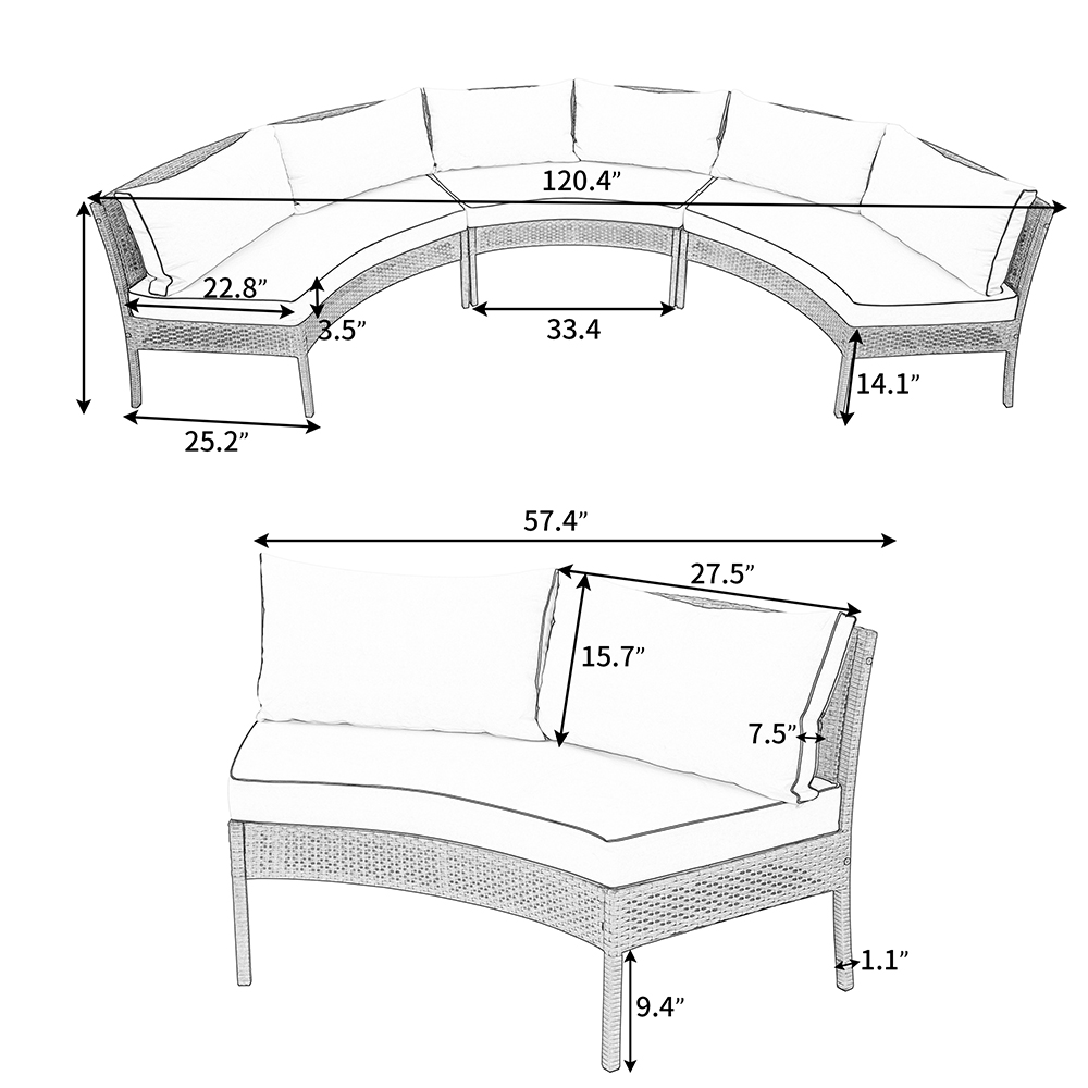 U-STYLE 3 Pieces Outdoor Rattan Furniture Set, Including 3 Curved Armless Sofas, and 9 Cushions, for Garden, Terrace, Porch, Poolside, Beach - Beige