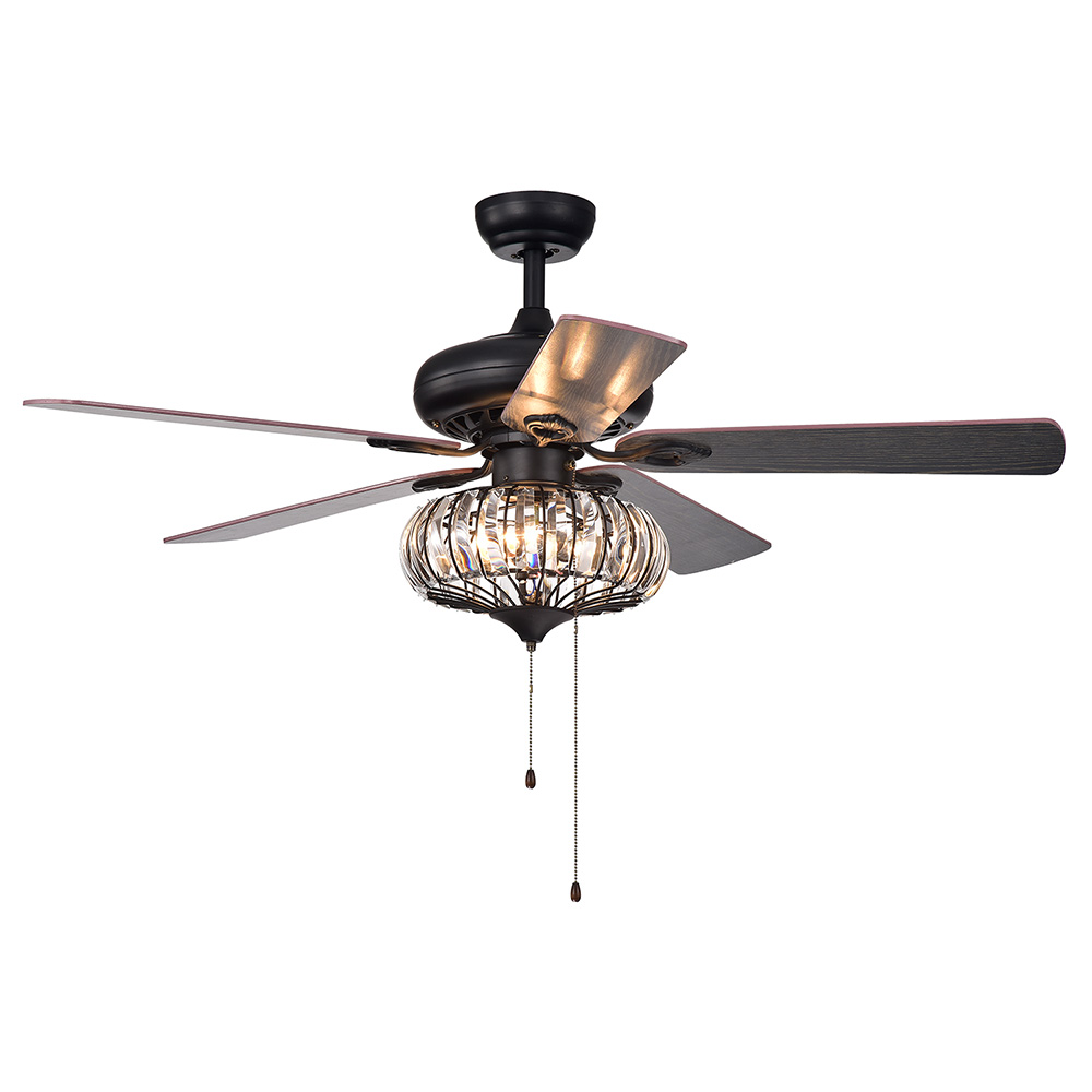 52" Metal Crystal Ceiling Fan Lamp with 5 Blades, and Remote Control, for Home, Office, Corridor - Black