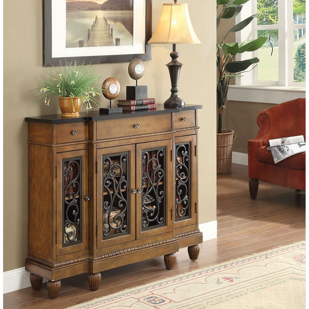 ACME Vidi 43" Wooden Console Table with 3 Storage Drawers, and 4 Doors, for Entrance, Hallway, Dining Room, Kitchen - Oak
