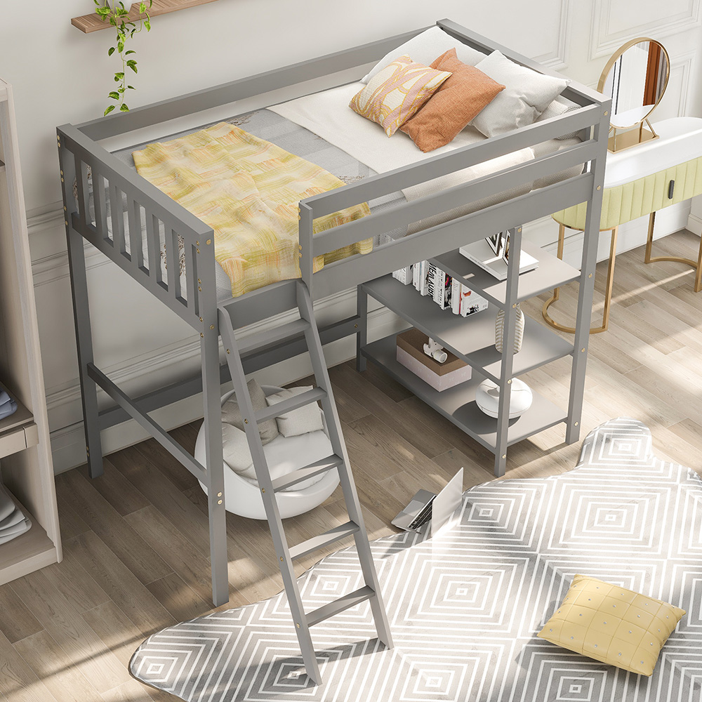 Twin-Size Loft Bed Frame with Storage Shelves, and Wooden Slats Support, Space-saving Design, No Box Spring Needed - Gray