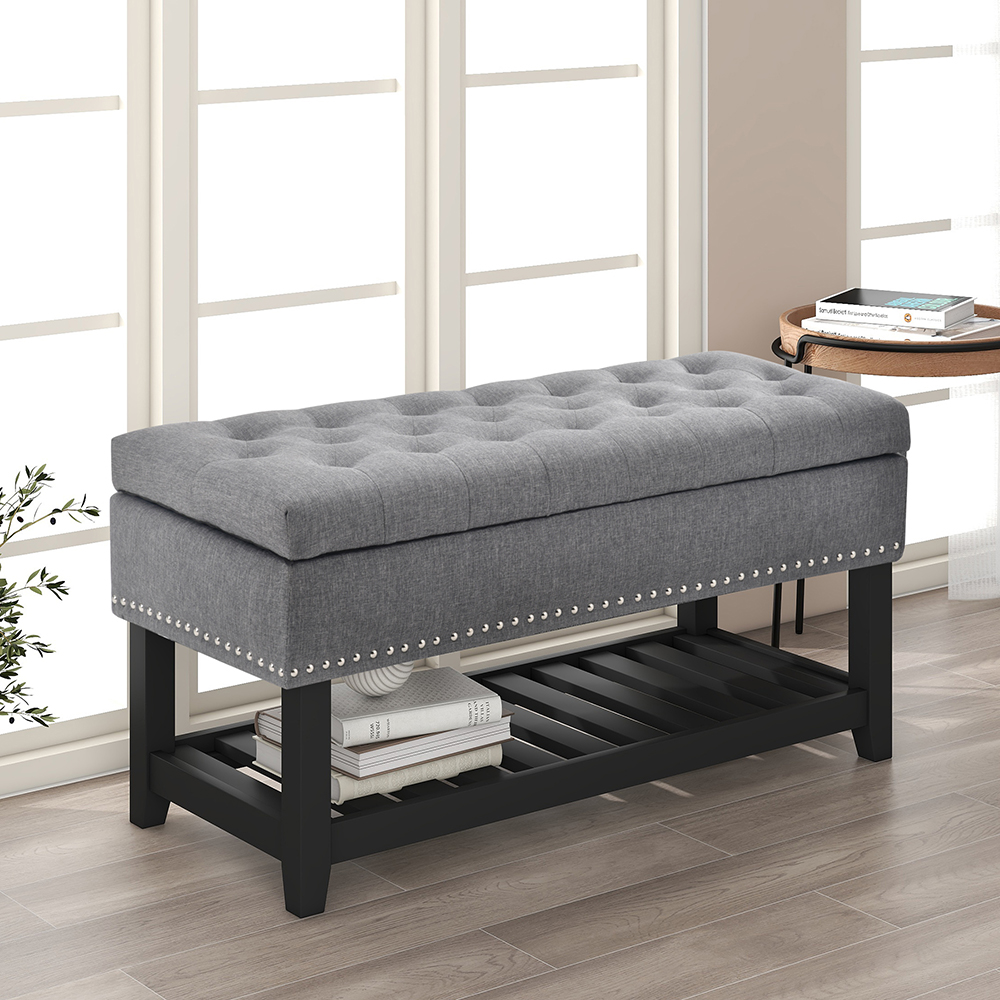 U-STYLE 41.3" Upholstered Storage Bench with Rubber Wood Legs, and Bottom Shelf, for Entrance, Hallway, Bedroom - Gray