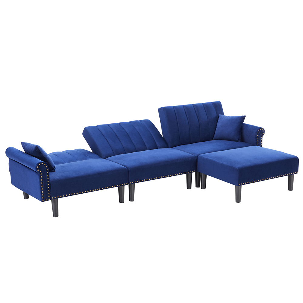 118" Microfiber Upholstered Sofa Bed with Chaise, and Wooden Frame, for Living Room, Bedroom, Office, Apartment - Navy