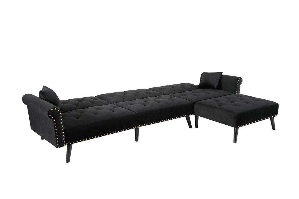 115" 4-Seat Velvet Upholstered Sectional Sofa Bed with Wooden Legs, for Living Room, Bedroom, Office, Apartment - Black