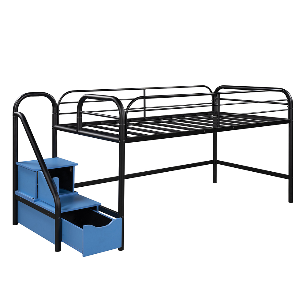 Twin-Size Loft Bed Frame with 2 Storage Stairs, and Metal Slats Support, Space-saving Design, No Box Spring Needed - Blue